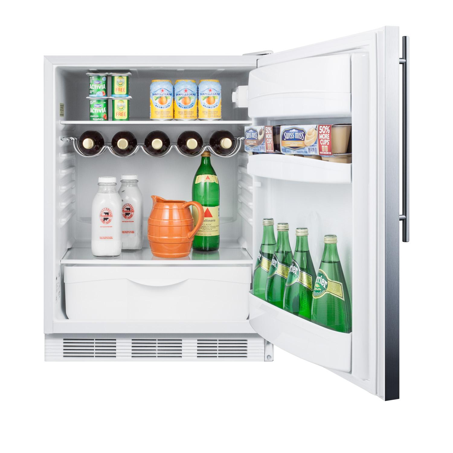 Built-in undercounter all-refrigerator for residential use, auto defrost with a stainless steel wrapped door, thin handle, and white cabinet